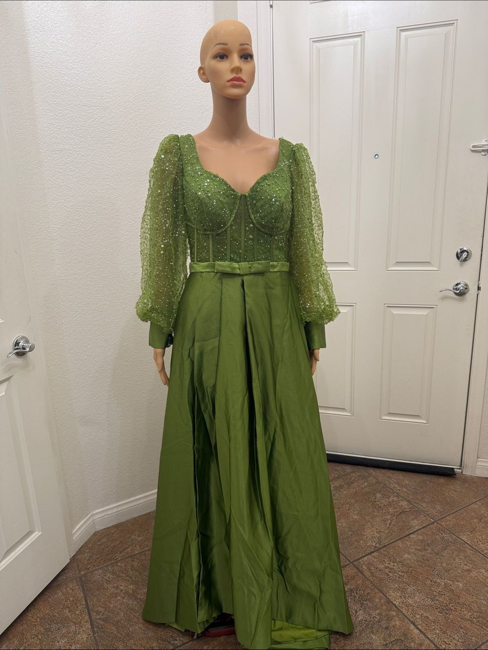 Wedding Dress Sz 10 Pearl Sequin Embellish Olive Green Long-Sleeve Evening Gown